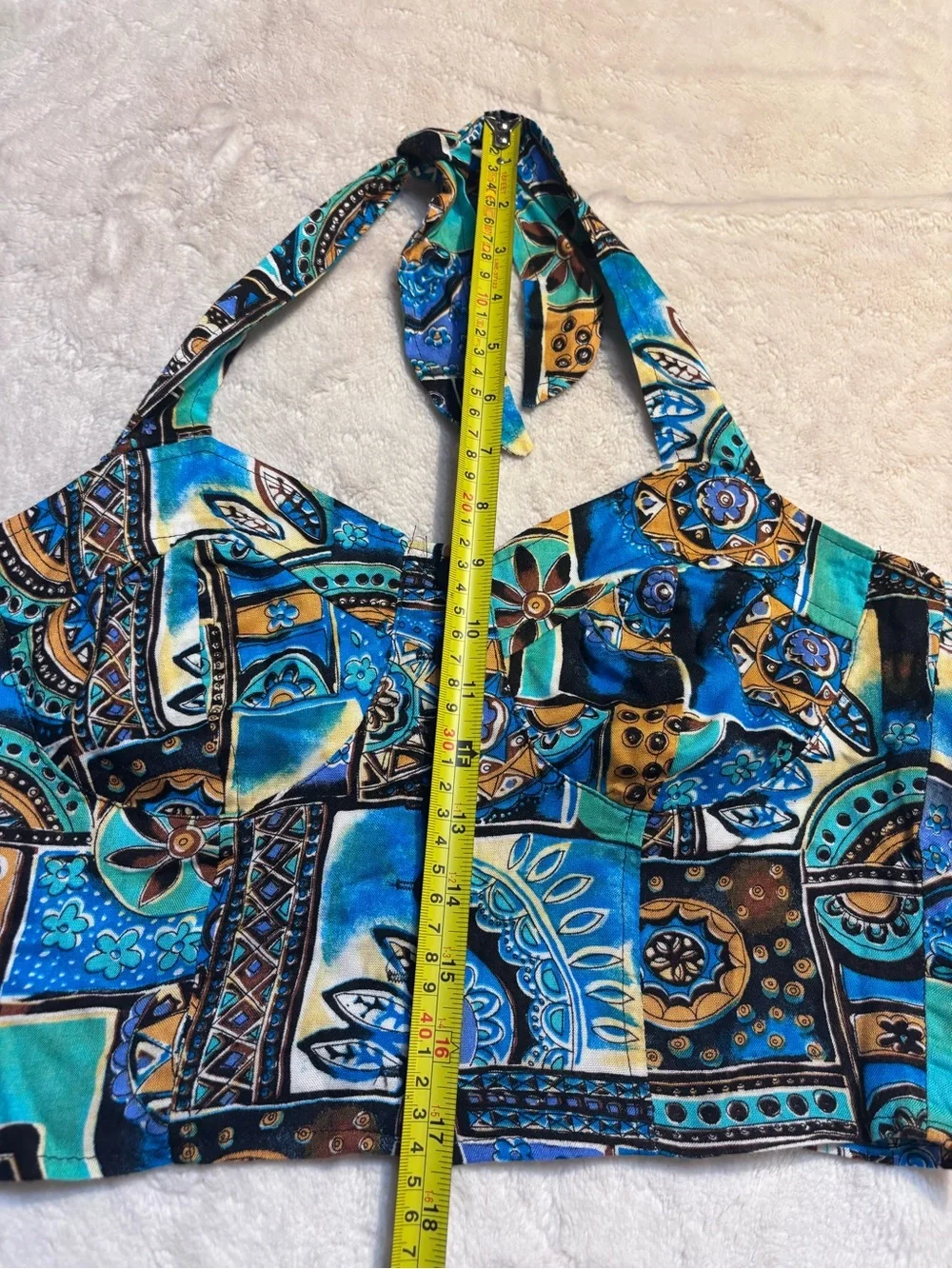 Y2K Halter Crop Top Small WONDER Blue Yellow Patchwork with Button Front - Picture 14 of 14
